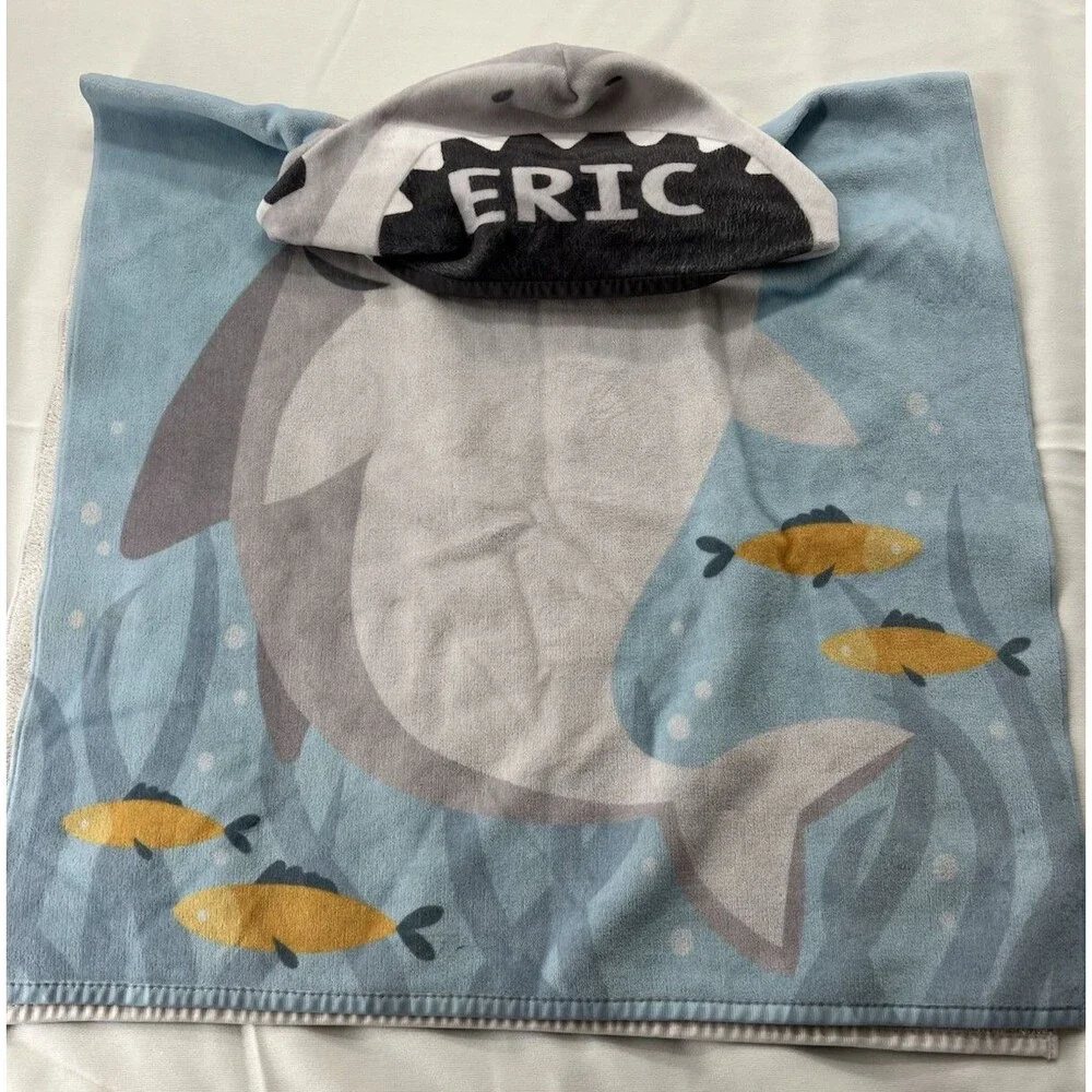 Kids Hooded Poncho Beach Towel With Shark And 